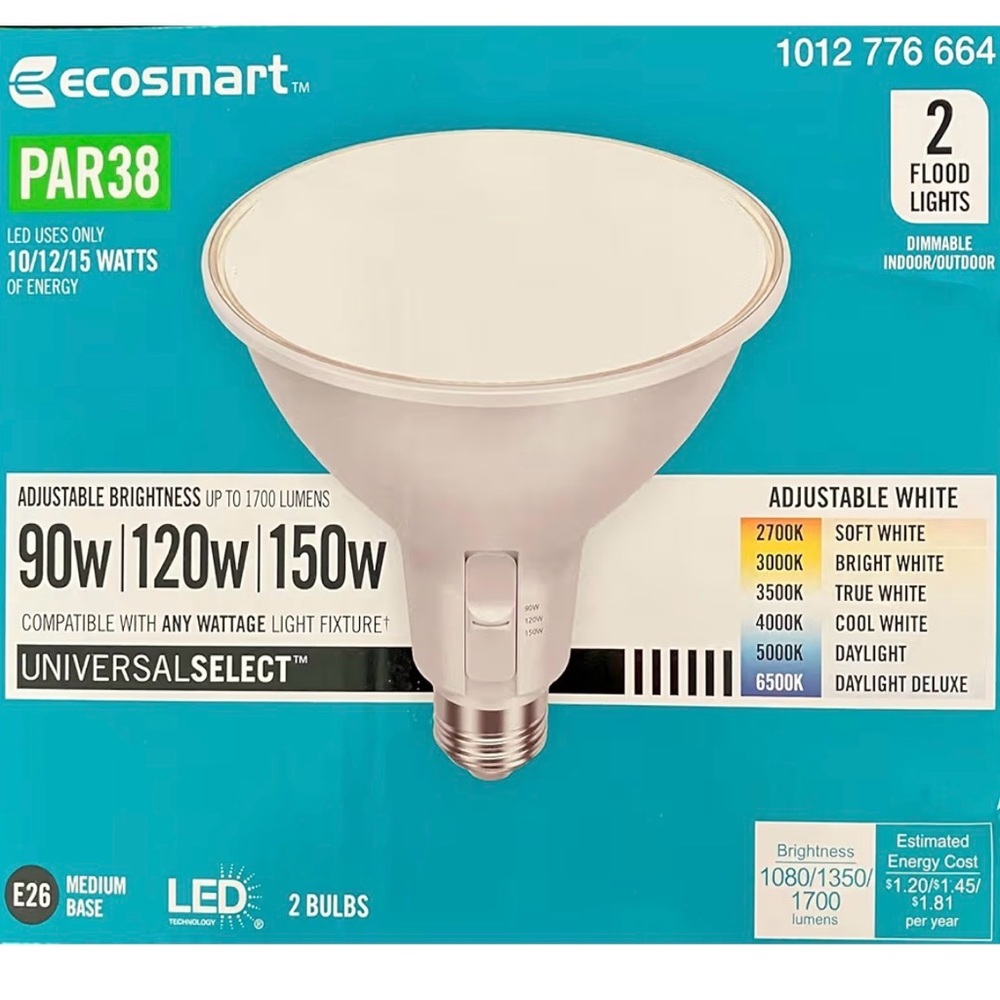 EcoSmart PAR38 LED Flood Lights 2-Pack - Adjustable Brightness & Color